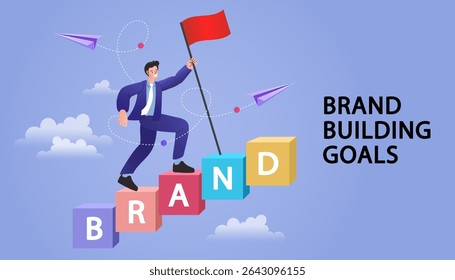 Man running on career stairway up to success. Career advancement personal growth. businessman running fast on brand stairway rising up to achieve success. Businessman and brand building. Vector