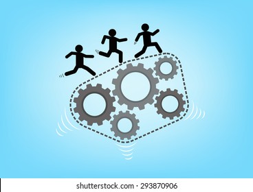 Man running on chain to move the gears for process running and improvement concept, vector illustration