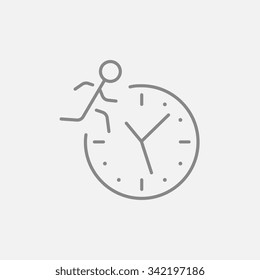 Man running on clock background line icon for web, mobile and infographics. Vector dark grey icon isolated on light grey background.
