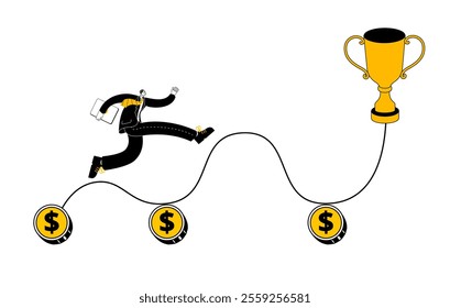 Man running on curved path to success. Vector illustration on the theme of investments on the way to success.