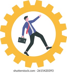 Man running on gear mechanism. Cogwheel. Concept of business.

