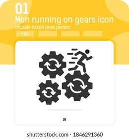 man running on gears icon with flat style isolated on white background. Vector illustration people run on cogwheel sign symbol icon for web design, ui, ux, office, business, worker and mobile apps