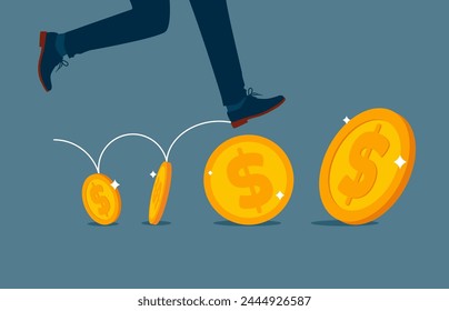 Man running on gold coins arranged in a row. Extensive financial or economic growth. Profit from the stock market or investment. Flat vector illustration