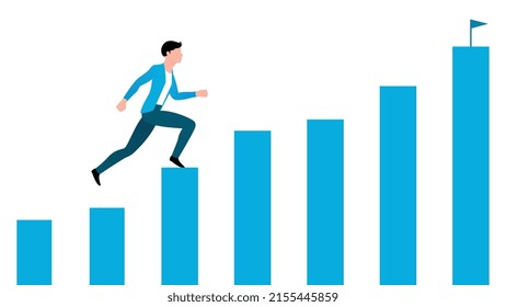 man running on a graph bar towards success, business character vector illustration on white background.