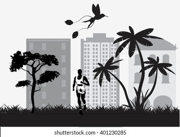 Man running on the grass, buildins, trees on background, silhouettes vector.