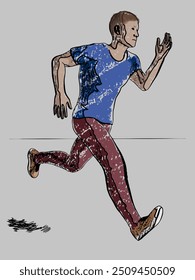  Hombre corriendo sobre fondo gris-blanco Ilustración vectorial de corredor dibujado a mano
