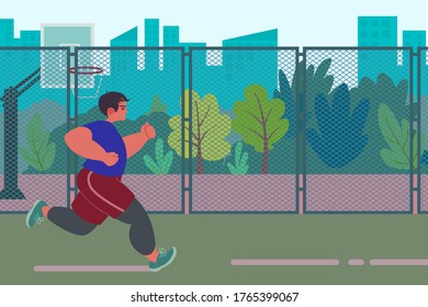 Man running on the green city park. Running makes a runner happy and gives a fan. The runner is not an athlete but wants to be in shape.