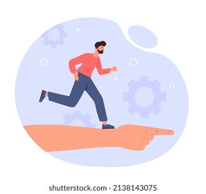 Man running on hand. Motivation and self development, posters or banners for site. Assistance and support of employees, teamwork and development of organization. Cartoon flat vector illustration