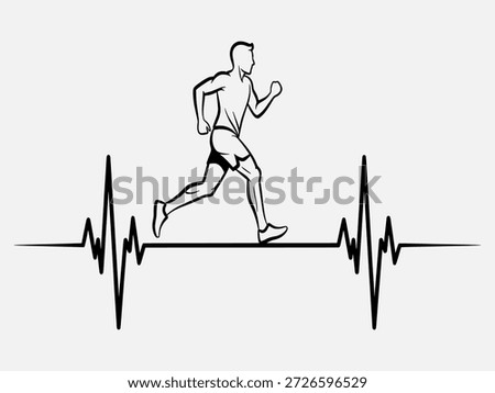 Man running on a heartbeat line, minimalist illustration, black and white