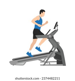 Man running on incline treadmill. Cardio on gym exercise. Flat vector illustration isolated on white background