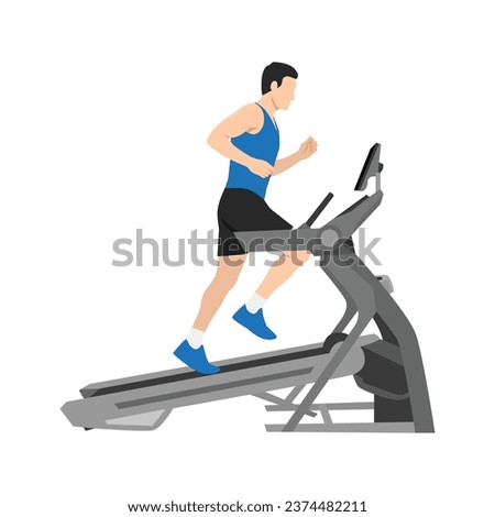 Man running on incline treadmill. Cardio on gym exercise. Flat vector illustration isolated on white background