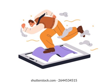 Man running on mobile phone screen. Digital rush, addiction, internet surfing concept. Scrolling social media on smartphone. Fast virtual life. Flat vector illustration isolated on white background