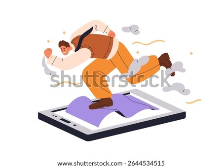 Man running on mobile phone screen. Digital rush, addiction, internet surfing concept. Scrolling social media on smartphone. Fast virtual life. Flat vector illustration isolated on white background