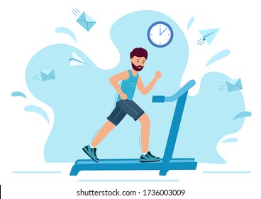 Man running on motorized treadmill. Sportive Man is Jogging on a white background. Time to sport. Vector illustration in modern flat style.