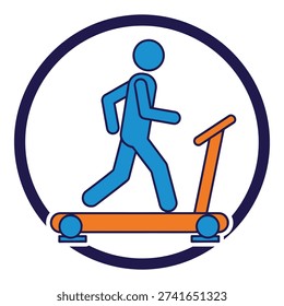 Man running on orange treadmill inside blue circle symbol fitness icon icon