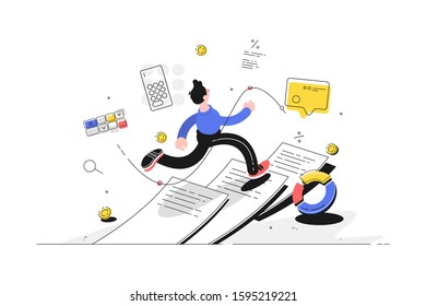 Man running on paper vector illustration. Guy escaping out paperwork flat style design. Diagram, calculator, message and coins icons. Finance and statistics concept