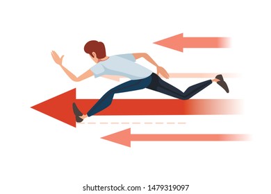 Man running on red arrow concept cartoon character design flat vector illustration on white background