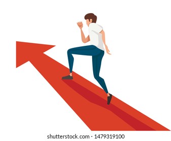 Man running on red arrow concept cartoon character design flat vector illustration on white background