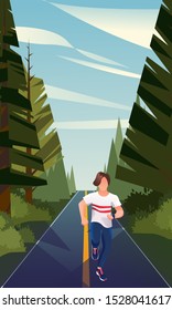А man running on the road in the forest in perspective. Healthy lifestyle. Colorful flat cartoon vector illustration.