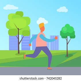 Man running on roller skates in summertime city park. Vector illustration with green trees and grass and town buildings on background