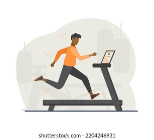 Man running on the simulator in the gym. Cardio workout, fitness exercises. Healthy life style. Vector illustration