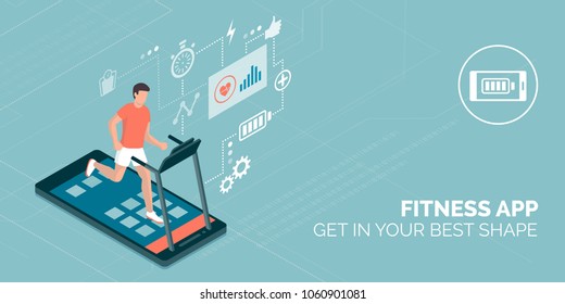 Man Running On A Smartphone Treadmill And Exercising: Fitness App And Sports Concept