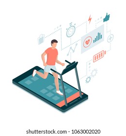 Man running on a smartphone treadmill and exercising: fitness app and sports concept