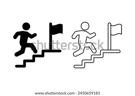 Man running on stairs to the flag of success. Vector icon illustration. Person climbing stairway to achieve his goals concept.