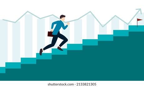 Man running on stairs towards finish line with office bag. Business concept character illustration on white background. 