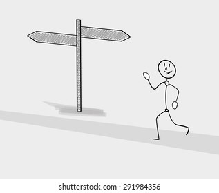 man running on the street with two sign arrows