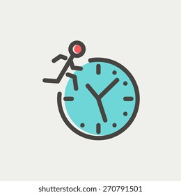 Man running on time icon thin line for web and mobile, modern minimalistic flat design. Vector icon with dark grey outline and offset colour on light grey background.