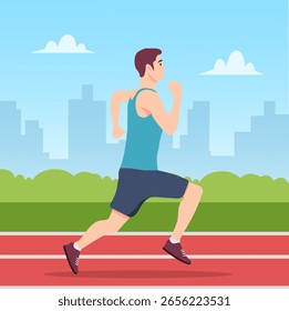 Homem correndo em pista em estilo plano. Estoque vetorial