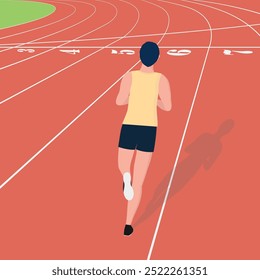 Um homem correndo em uma pista. Vista da retaguarda da pista de rolamento