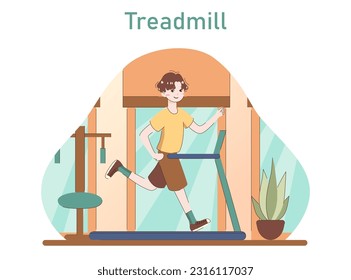 Man running on the treadmill. Athletic character in the sportswear doing exercises im the gym. Indoor fitness routine. Flat vector illustration