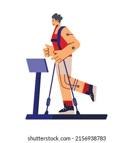 Man running on treadmill before going into outer space, flat vector illustration isolated on white background. Astronaut in equipment training before the flight. Cartoon character goes in for sport.