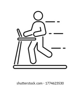 Man running on a treadmill black line icon. Cardio workout. Isolated vector element. Outline pictogram for web page, mobile app, promo. 
