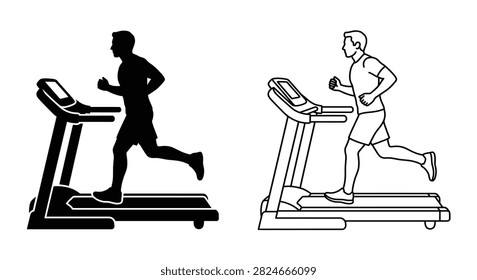 Man Running On Treadmill Black Silhouette And Line Art Versions