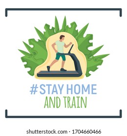 Man running on treadmill concept stay home, male practise sport exercises. Isolated on white, flat vector illustration. Character person run house on sport simulator, training for sporting event.