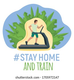 Man running on treadmill concept stay home, male practise sport exercises. Isolated on white, flat vector illustration. Character person run house on sport simulator, training for sporting event.