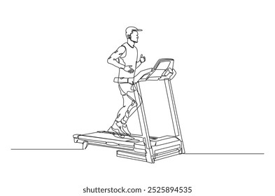 Hombre corriendo en una cinta de correr continua de una línea de dibujo. Ilustración de arte de una sola línea de hombre corriendo velocidad en cinta de correr. Vector editable.