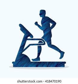 Man running on a treadmill designed using blue grunge brush graphic vector