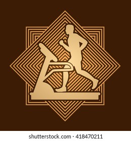 Man running on a treadmill designed on line square background graphic vector