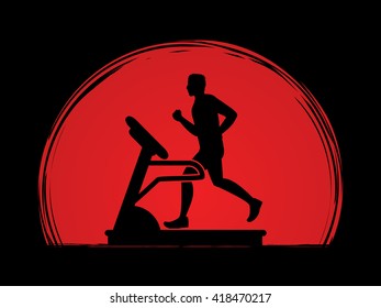 Man running on a treadmill designed on sunset background graphic vector