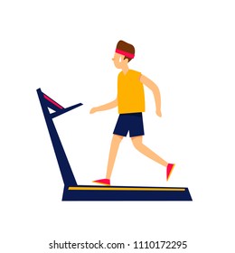 Man is running on a treadmill. Flat style vector illustration.