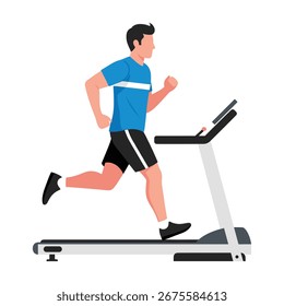 Hombre corriendo en cinta de correr, Ilustración vectorial plana, fitness, estilo de vida saludable, ejercicio, gimnasio, activo, bienestar, obras de arte digitales modernas, concepto de entrenamiento.
