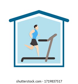 Man running on treadmill in house isolated on background, Flat paper cut illustration vector