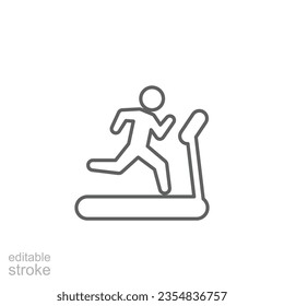 Man running on treadmill icon. Simple outline style. Run, runner, gym equipment, fitness, exercise machine, sport concept. Thin line symbol. Vector isolated on white background. Editable stroke SVG.