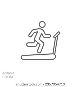 Man running on treadmill icon. Simple outline style. Run, runner, gym equipment, fitness, exercise machine, sport concept. Thin line symbol. Vector isolated on white background. Editable stroke SVG.