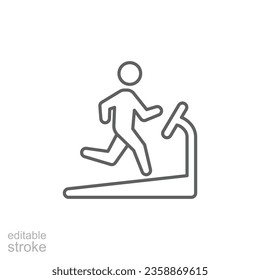 Man running on treadmill icon. Simple outline style. Run, runner, gym equipment, fitness, exercise machine, sport concept. Thin line symbol. Vector isolated on white background. Editable stroke SVG.