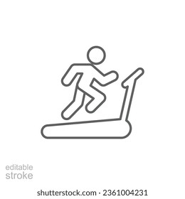 Man running on treadmill icon. Simple outline style. Run, runner, gym equipment, fitness, exercise machine, sport concept. Thin line symbol. Vector isolated on white background. Editable stroke SVG.